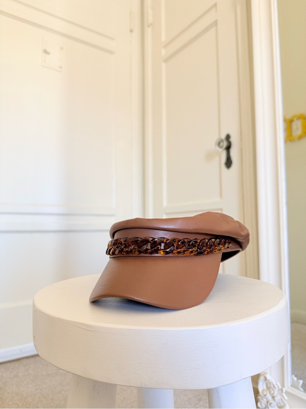 ZARA Brown Faux Leather Baker Boy Hat with Tortoiseshell Chain
